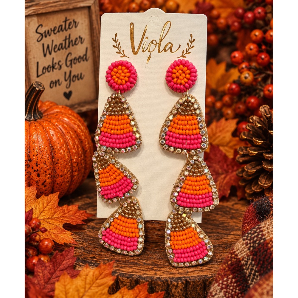 Candy Corn Halloween Seed Bead Earrings Pink Rhinestone Long Dangle Statement
